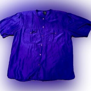 Vintage 80s silk blouse royal purple short sleeves scoop neck. Fits large.
